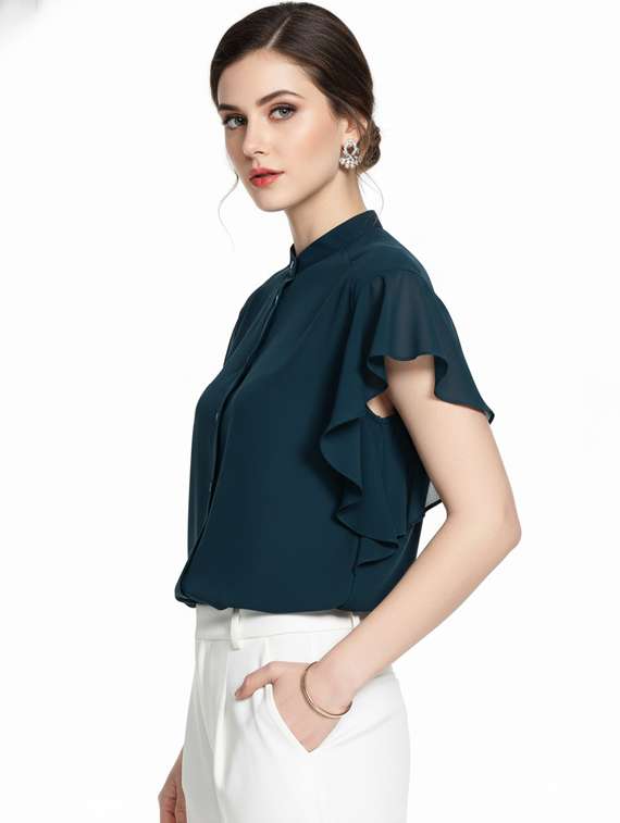 women solid ruffle sleeve regular top - 22254536 -  Standard Image - 1