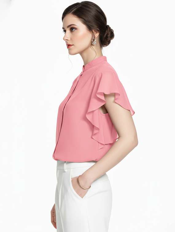 women solid ruffle sleeve regular top - 22254537 -  Standard Image - 1