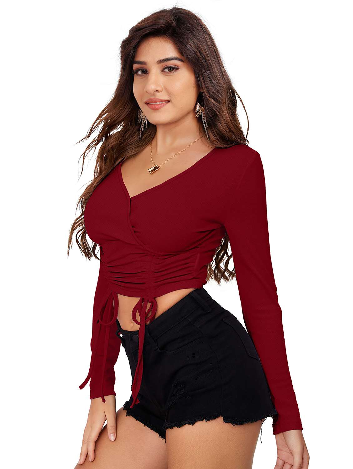 women solid long sleeve ruched crop top - 22254543 -  Standard Image - 1
