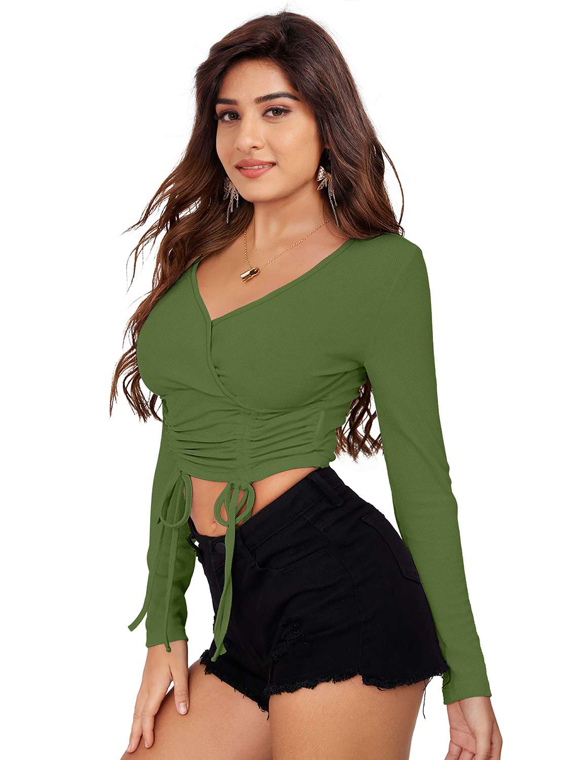 women solid long sleeve ruched crop top - 22254545 -  Standard Image - 1