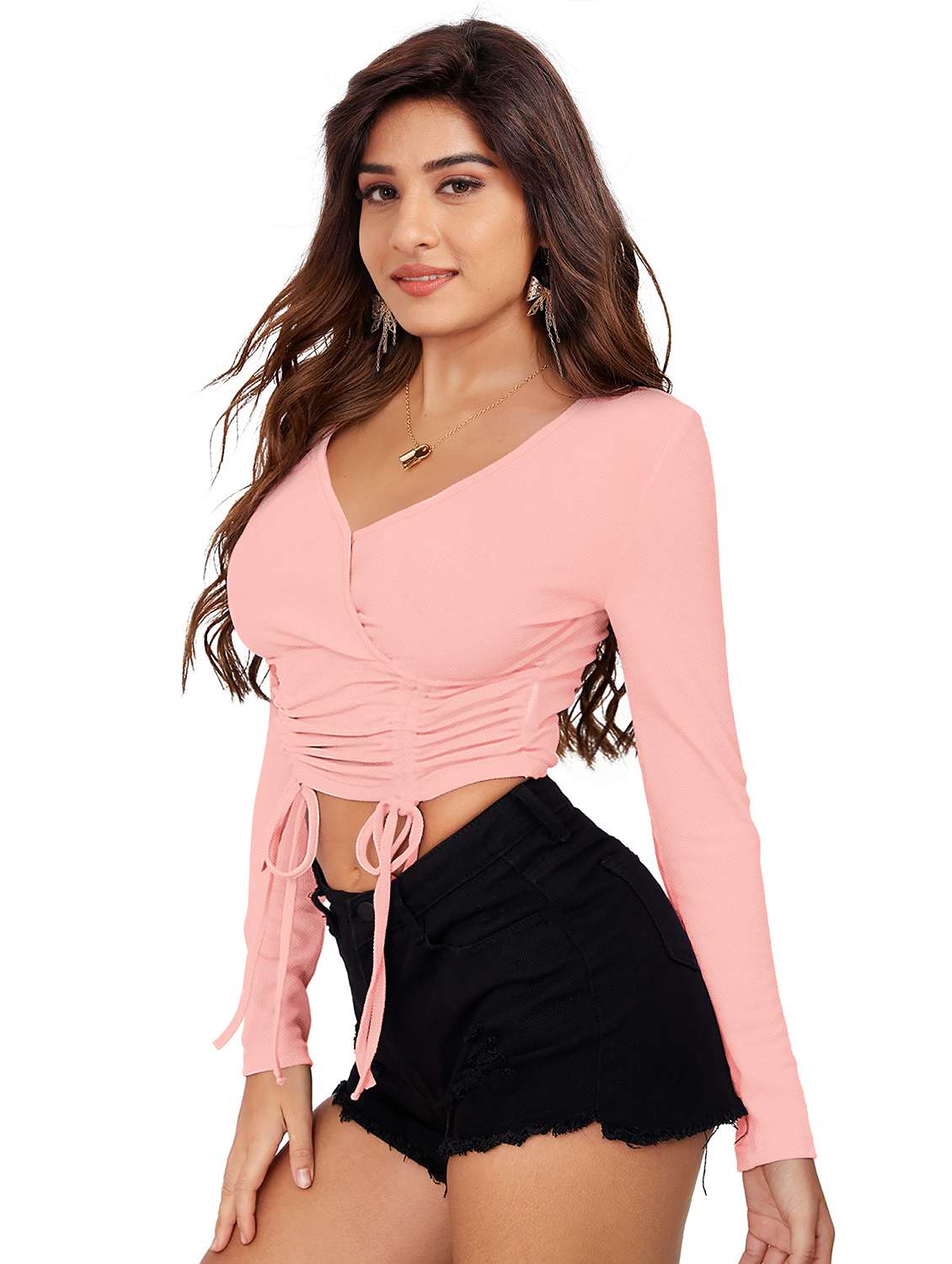 women solid long sleeve ruched crop top - 22254547 -  Standard Image - 1