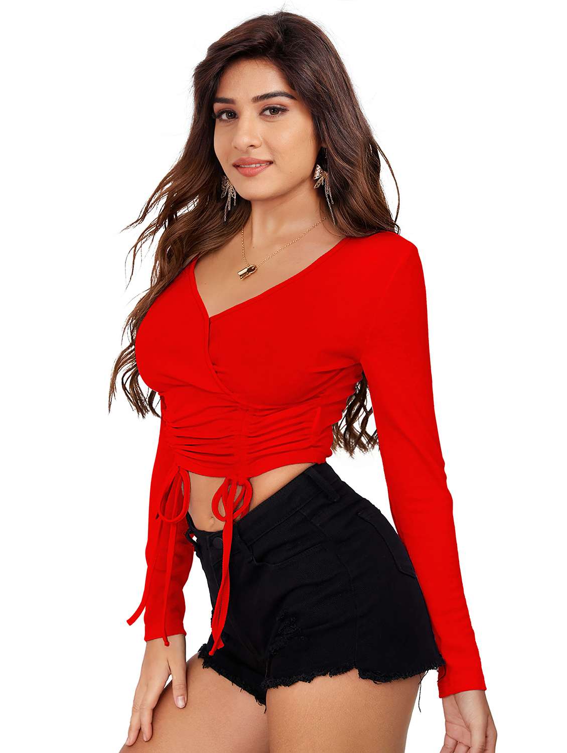women solid long sleeve ruched crop top - 22254549 -  Standard Image - 1