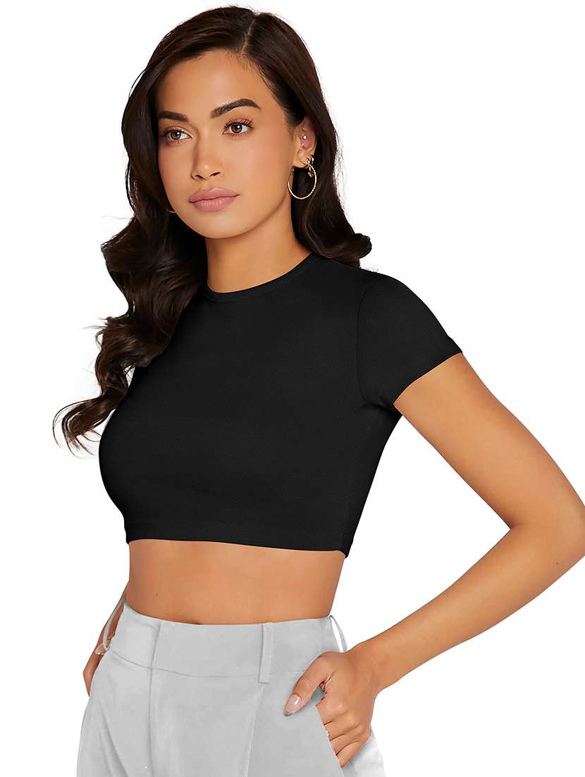 women solid short sleeve crop top - 22254550 -  Standard Image - 1