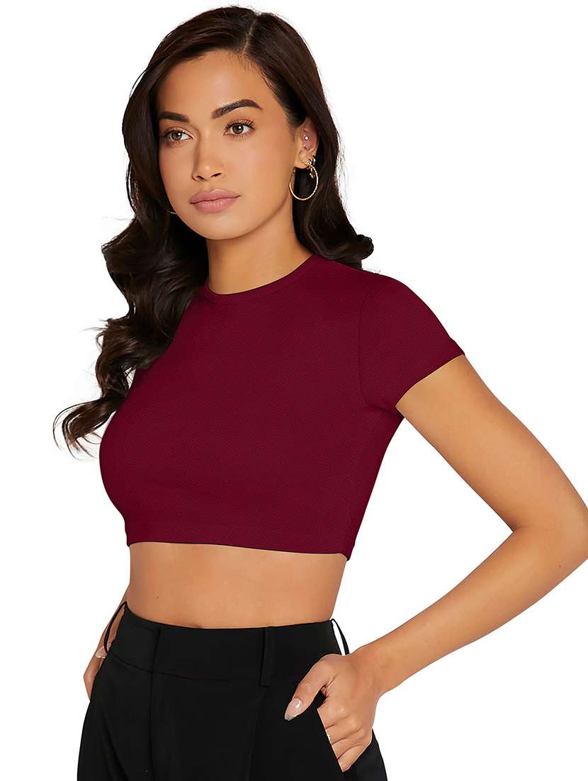 women solid short sleeve crop top - 22254552 -  Standard Image - 1