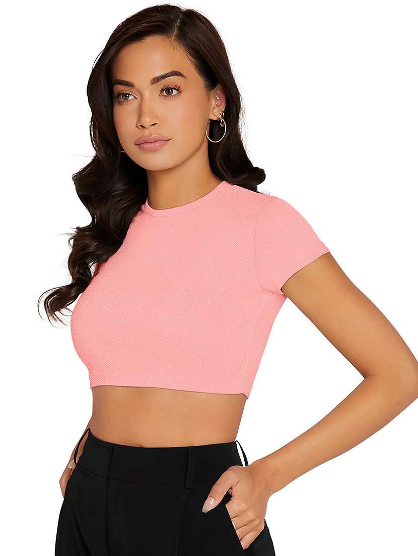 women solid short sleeve crop top - 22254553 -  Standard Image - 1
