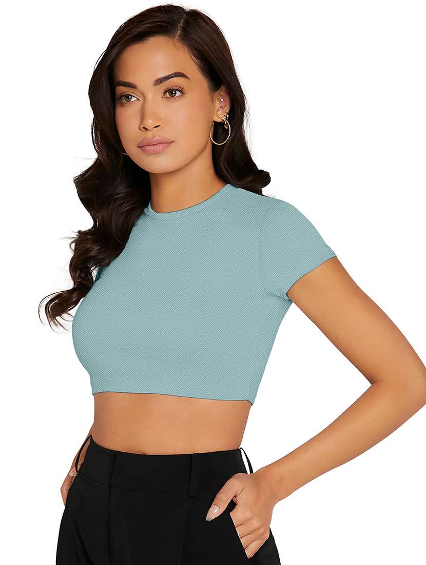 women solid short sleeve crop top - 22254554 -  Standard Image - 1