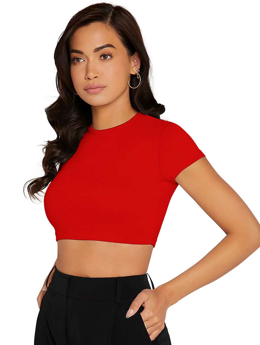 women solid short sleeve crop top - 22254555 -  Standard Image - 1