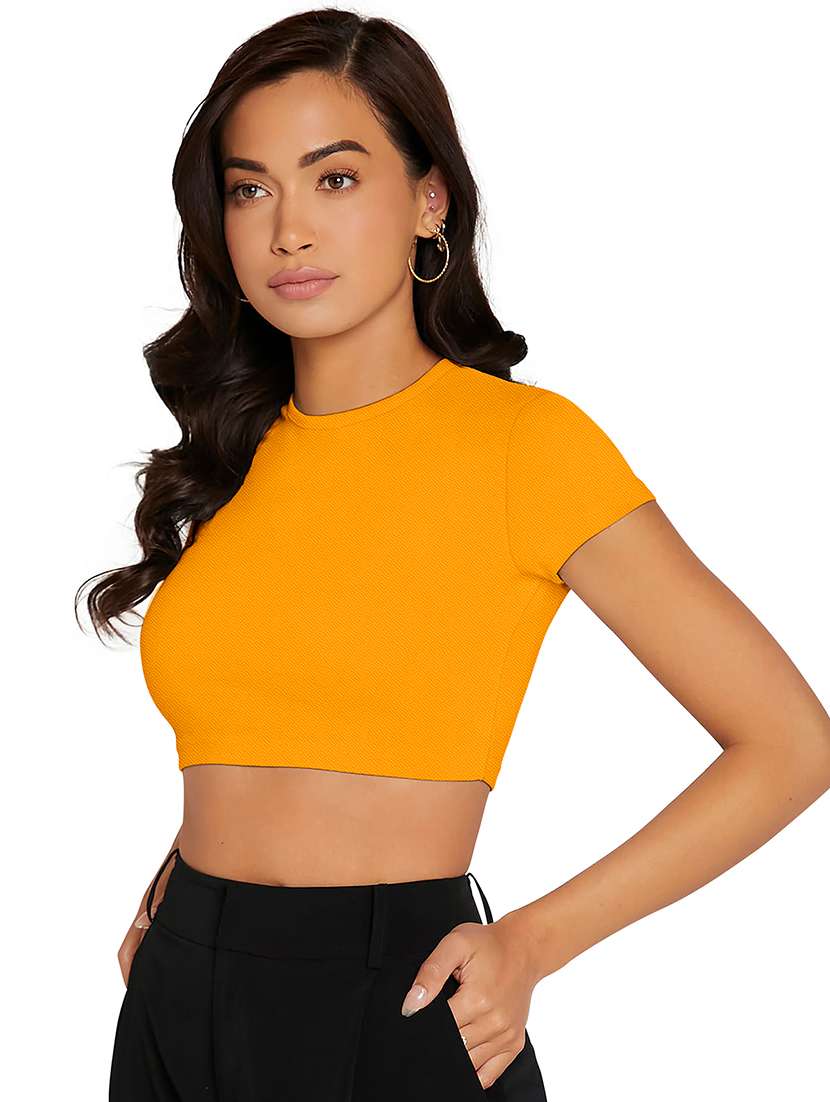 women solid short sleeve crop top - 22254556 -  Standard Image - 1