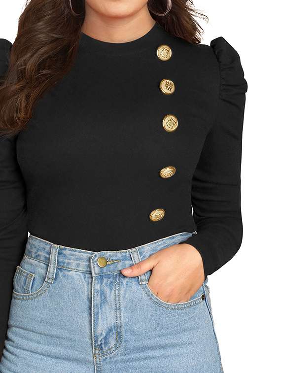 women solid puff sleeve straight top - 22254557 -  Standard Image - 4