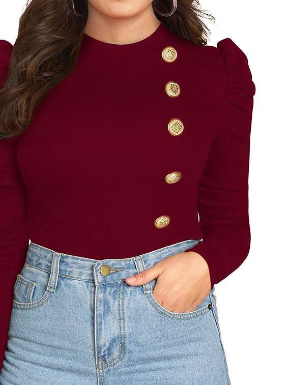 women solid puff sleeve straight top - 22254558 -  Standard Image - 4