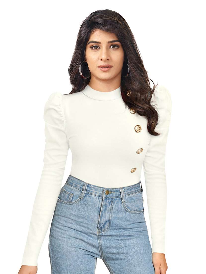 women solid puff sleeve straight top