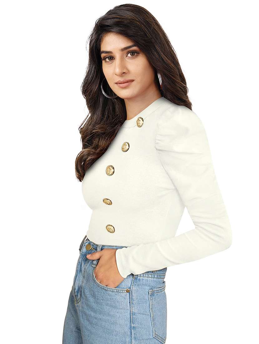 women solid puff sleeve straight top - 22254559 -  Standard Image - 1