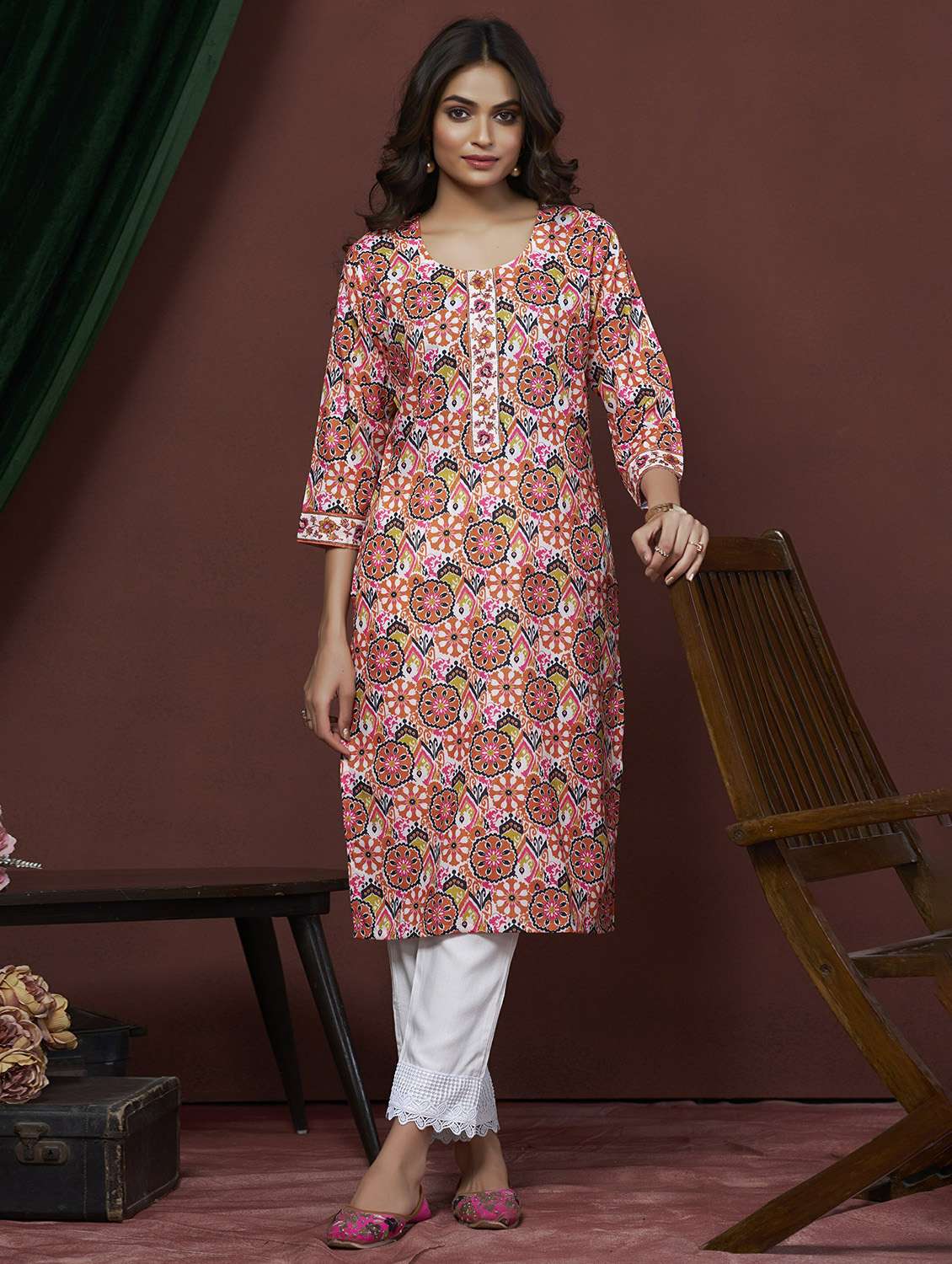women printed three quarter sleeve straight kurta