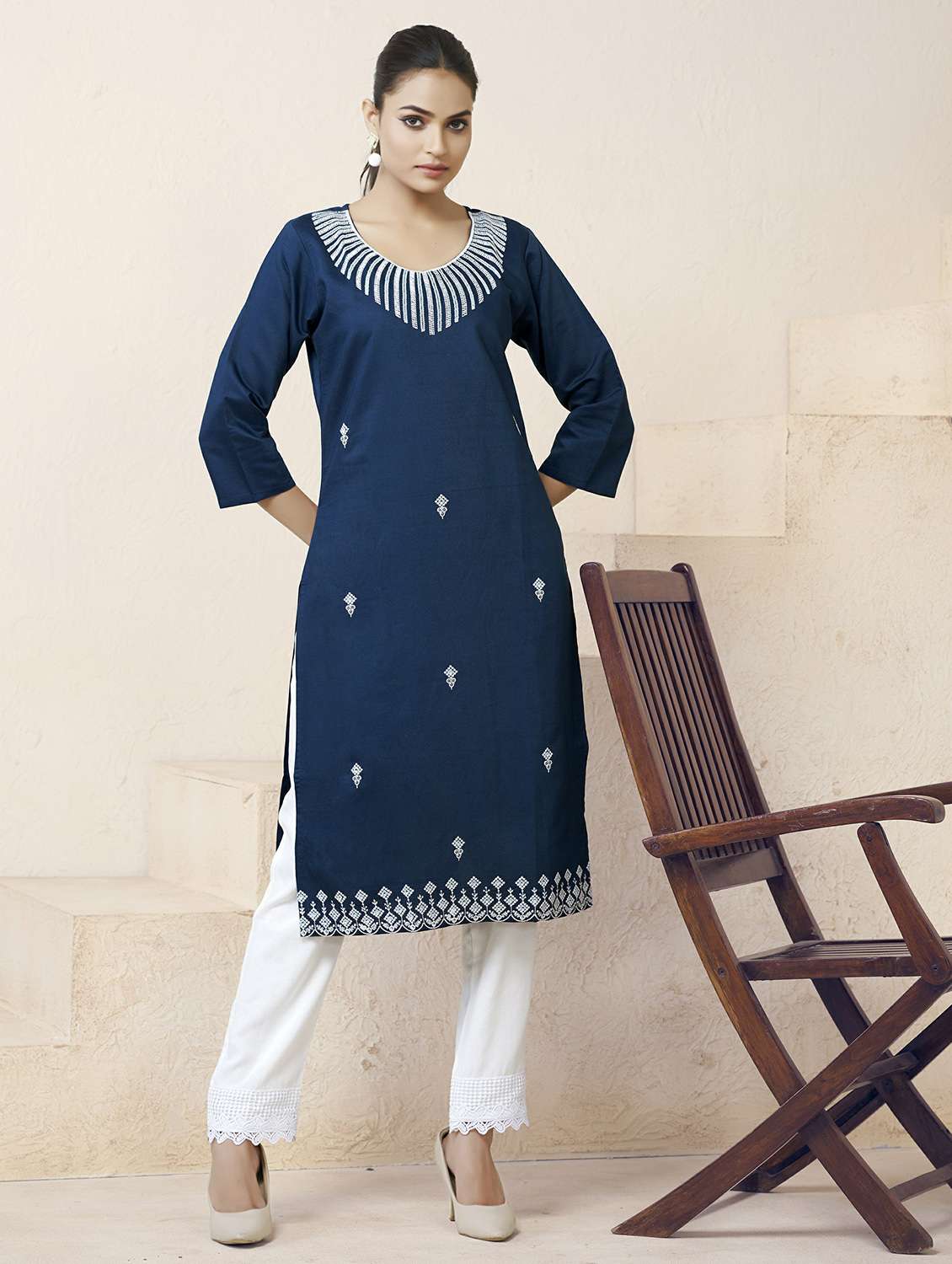 women solid with work three quarter sleeve straight kurta