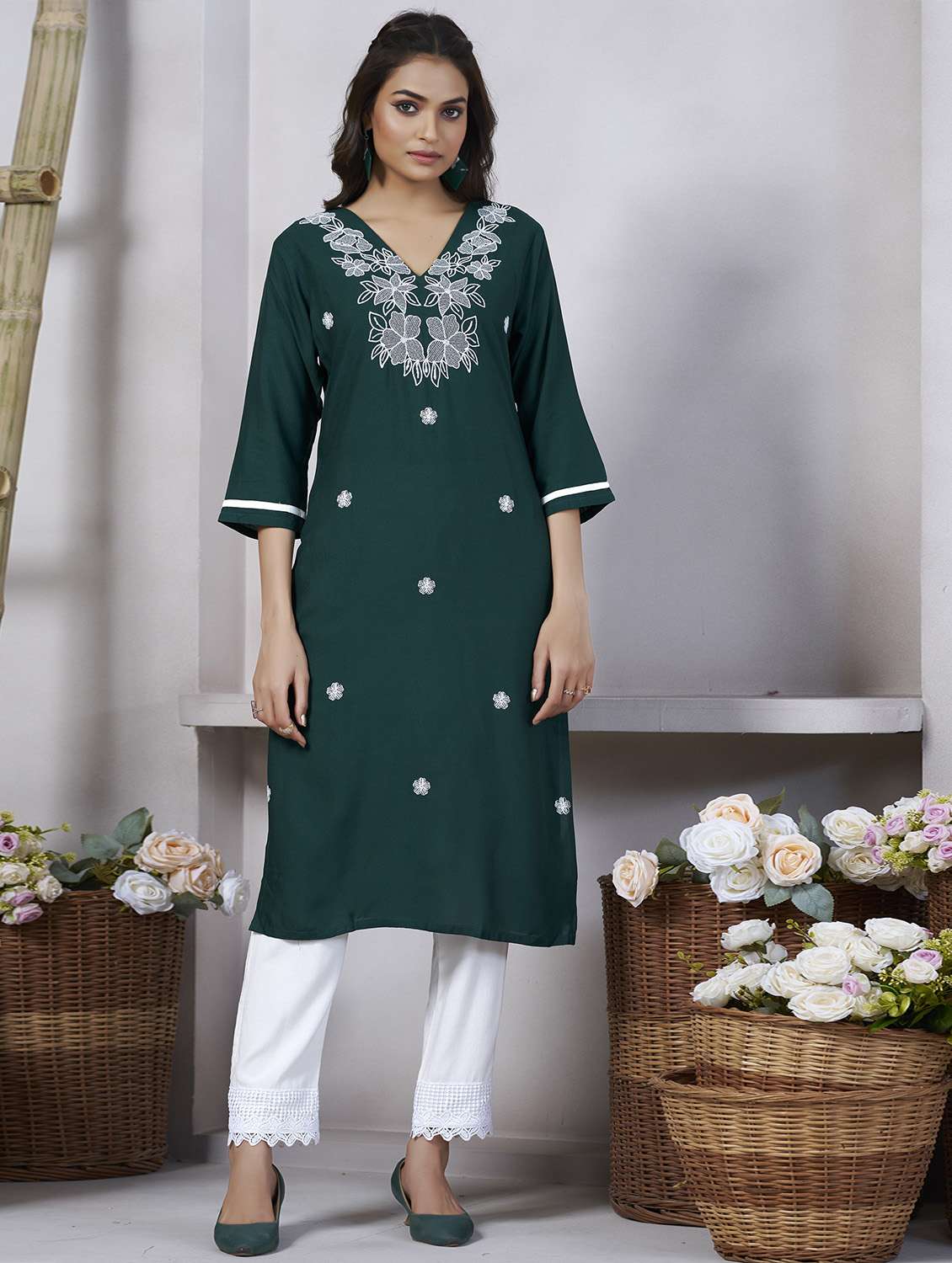 women solid with work three quarter sleeve straight kurta