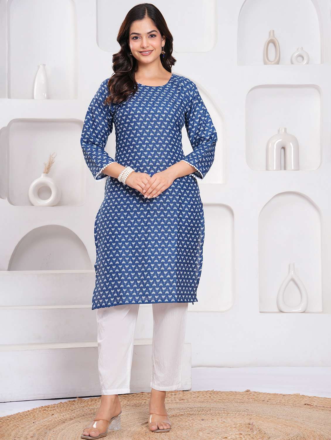women printed three quarter sleeve straight kurta