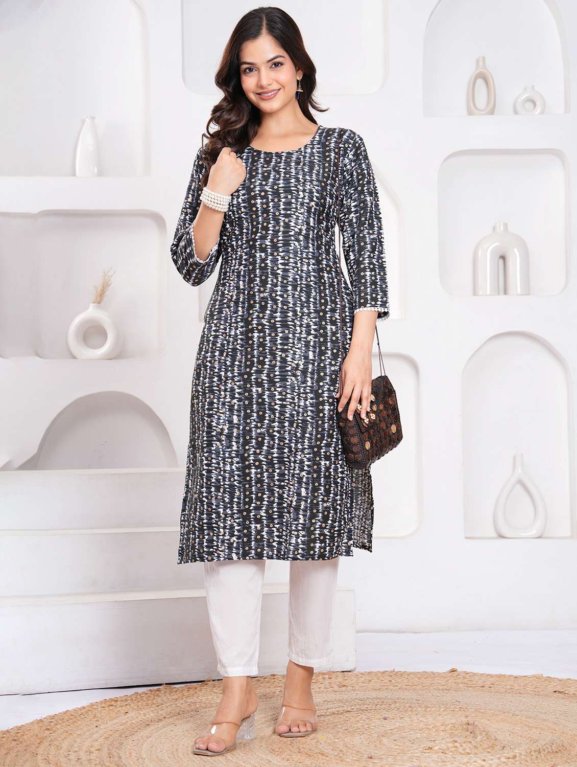 women printed three quarter sleeve straight kurta