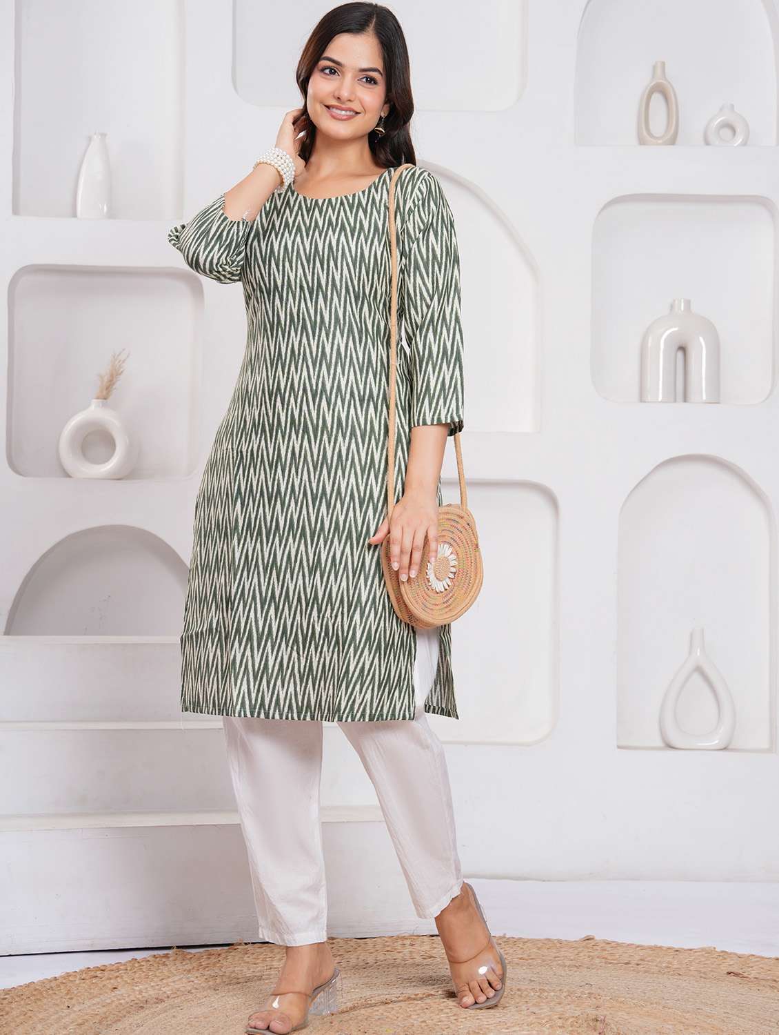 women printed three quarter sleeve straight kurta