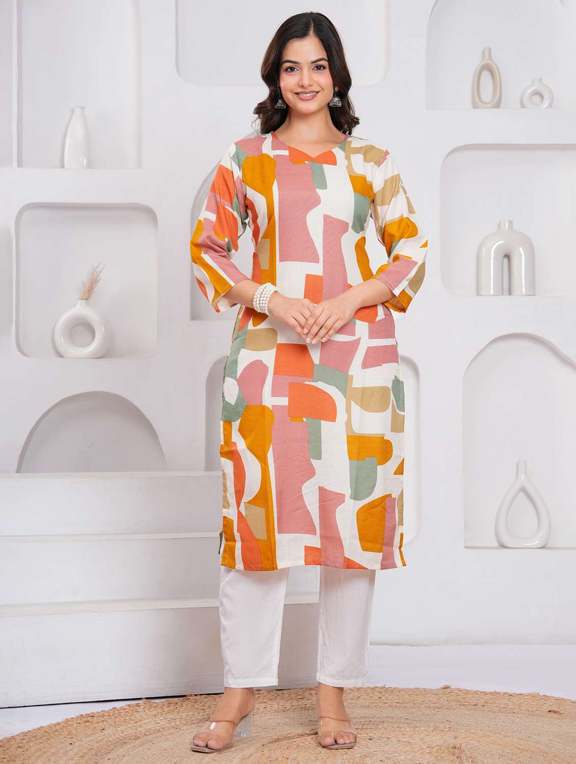 women printed three quarter sleeve straight kurta