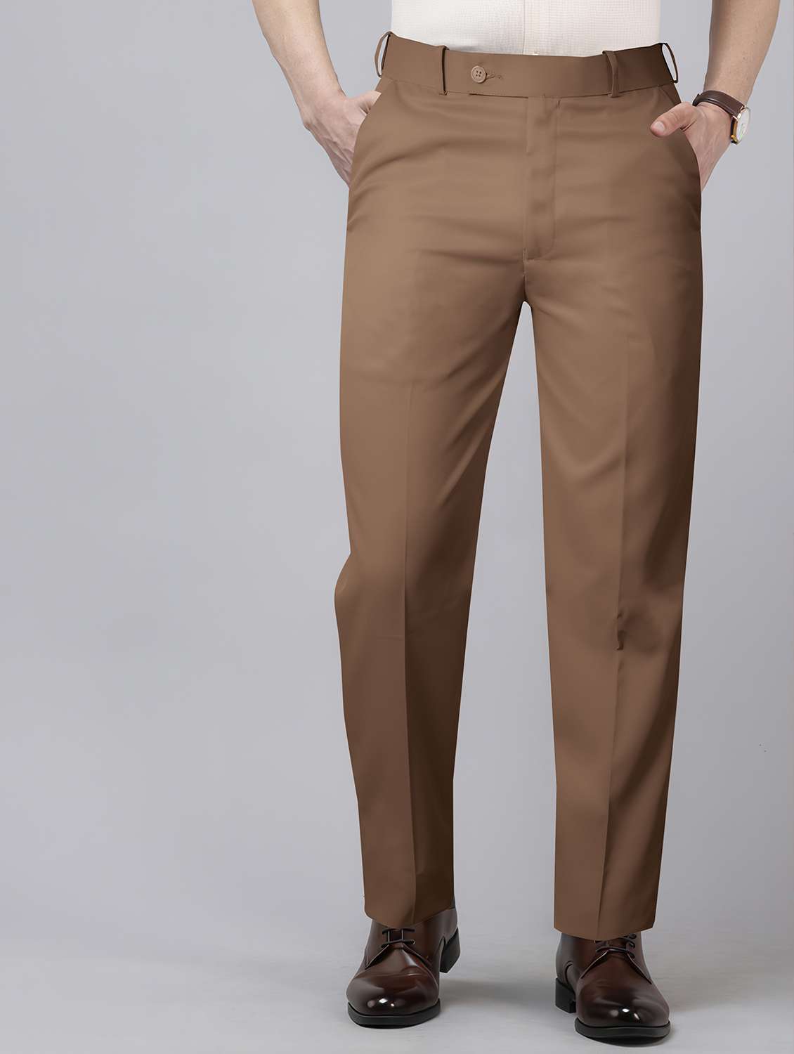 men solid mid rise straight formal trouser