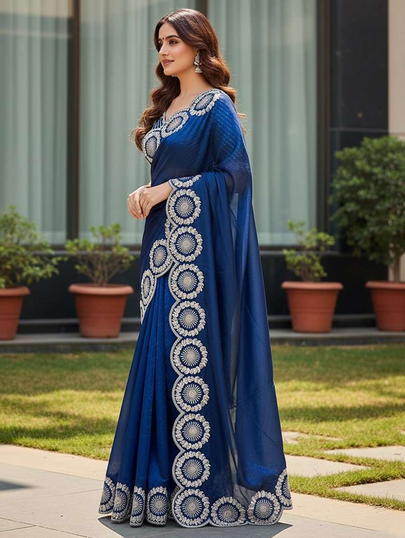 women solid with embroidered bordered saree with blouse - 22255074 -  Standard Image - 1