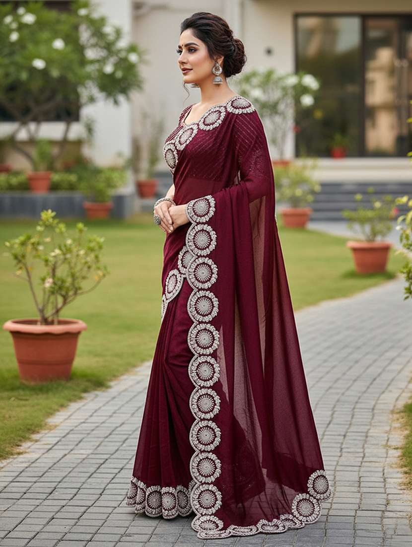 women solid with embroidered bordered saree with blouse - 22255077 -  Standard Image - 1