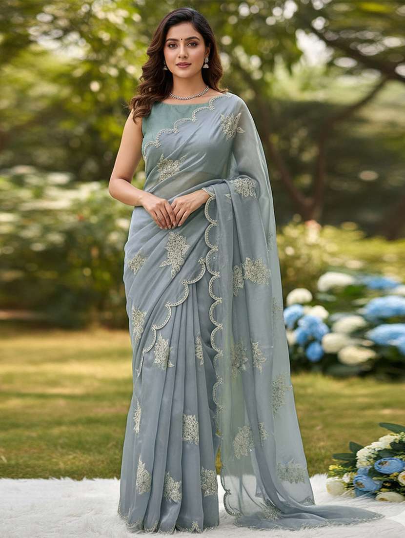 women solid with work embroidered saree with blouse - 22255095 -  Standard Image - 1