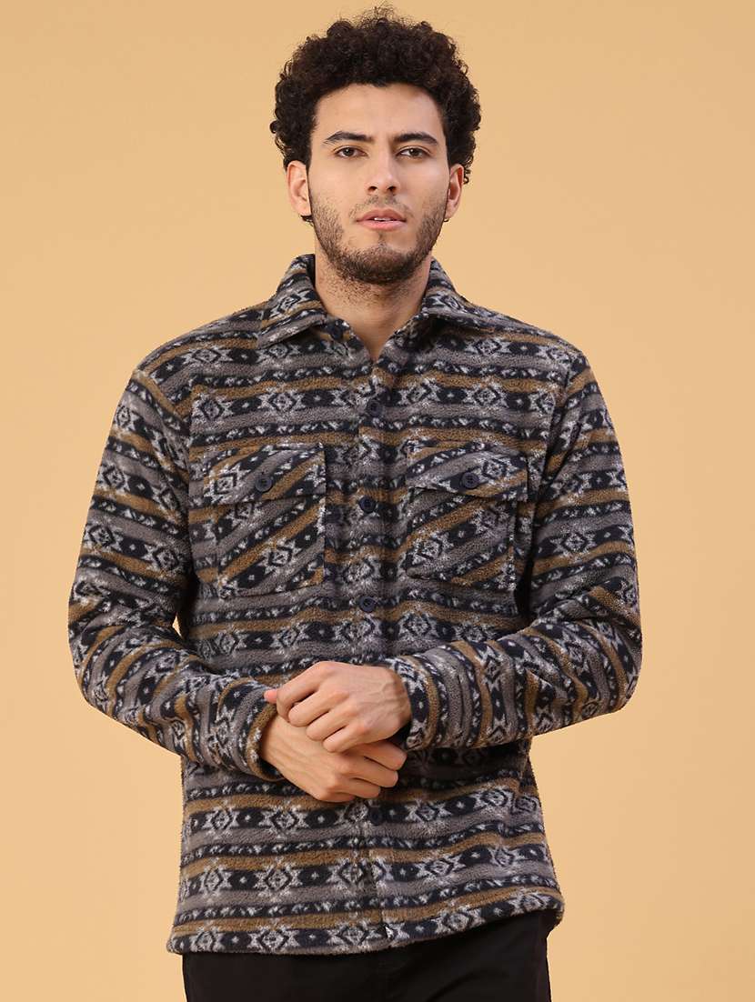 Men Printed Collared Long Sleeve Shacket - 22255132 -  Standard Image - 1