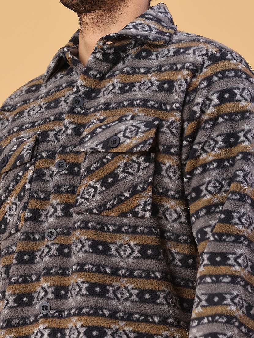 Men Printed Collared Long Sleeve Shacket - 22255132 -  Standard Image - 4