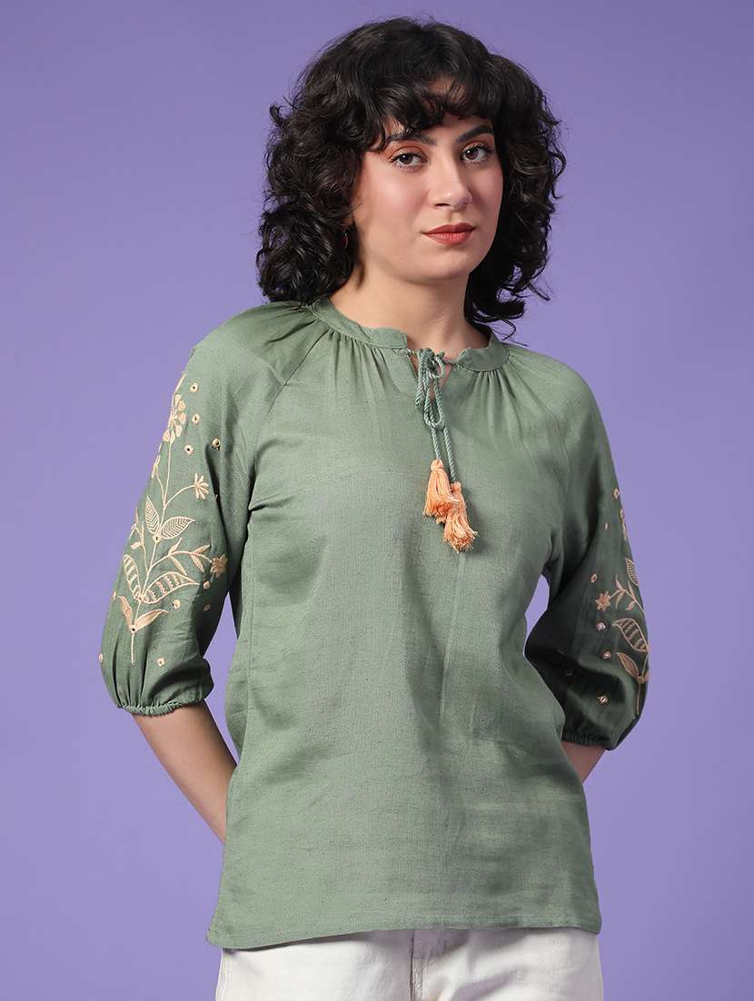 women embroidered three quarter sleeves regular top