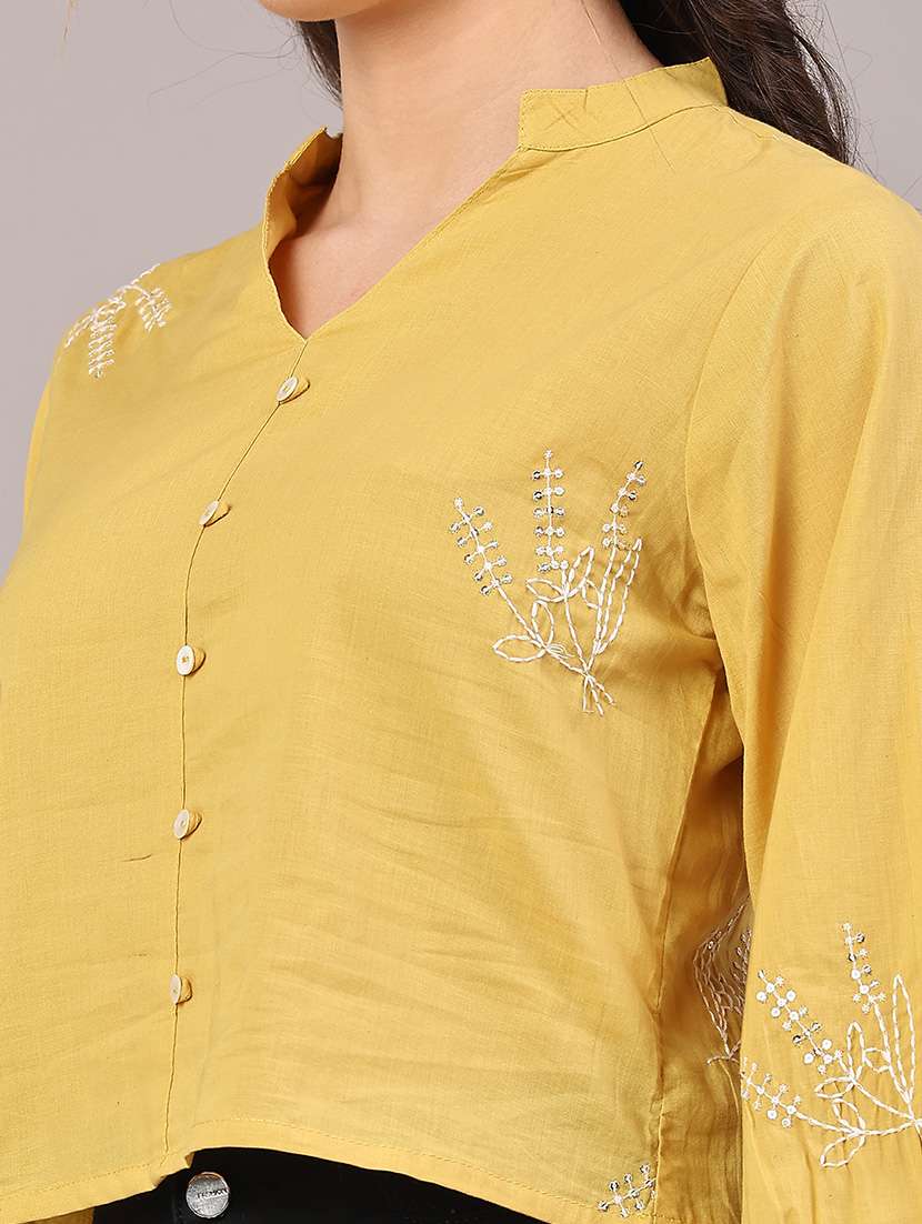 women yellow cotton solid embroidered notch neck top - 22257582 -  Standard Image - 1