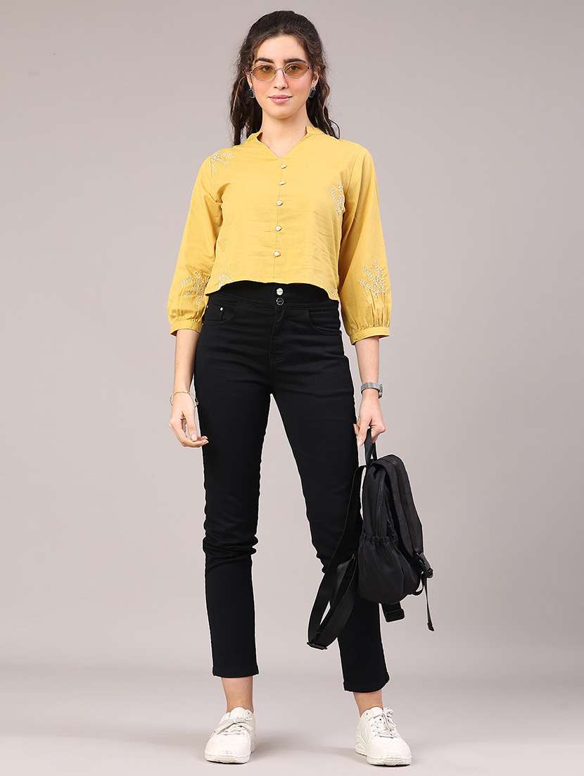women yellow cotton solid embroidered notch neck top - 22257582 -  Standard Image - 4