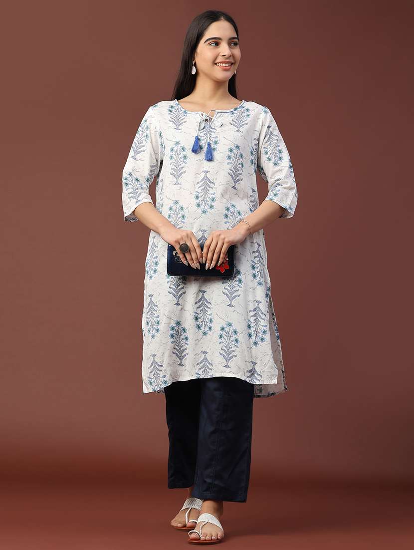 women floral printed three quarter sleeve straight kurta