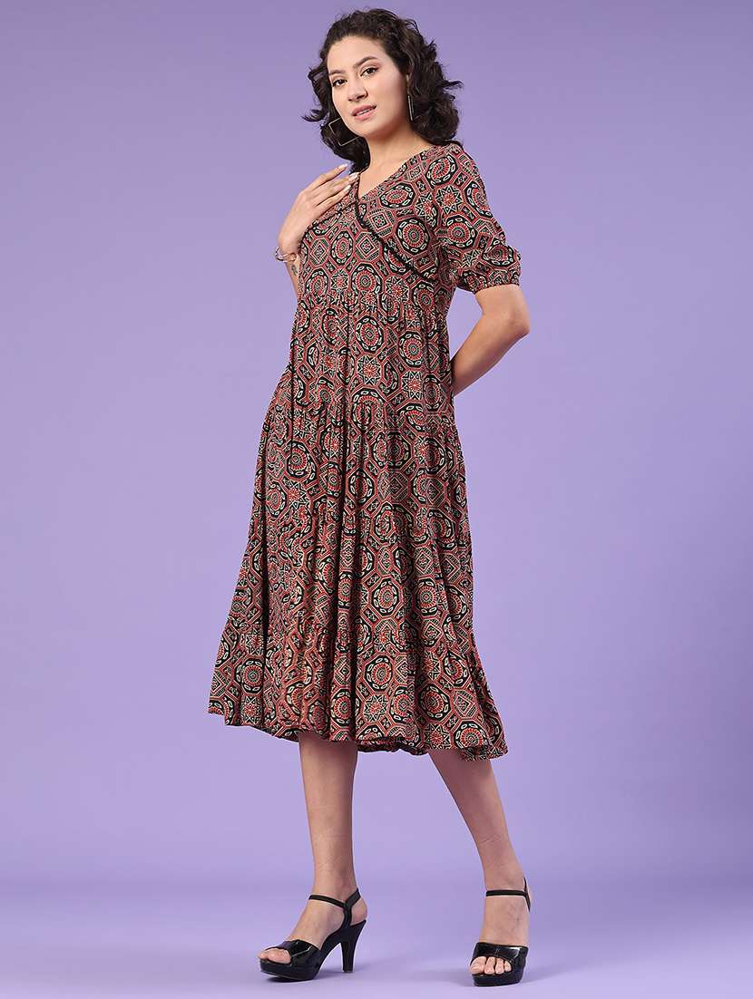 women printed v neck tiered dress - 22258620 -  Standard Image - 4