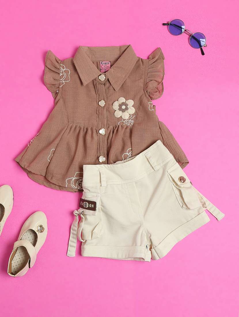 girls solid with work cap sleeve shorts & top set - 22258756 -  Standard Image - 1