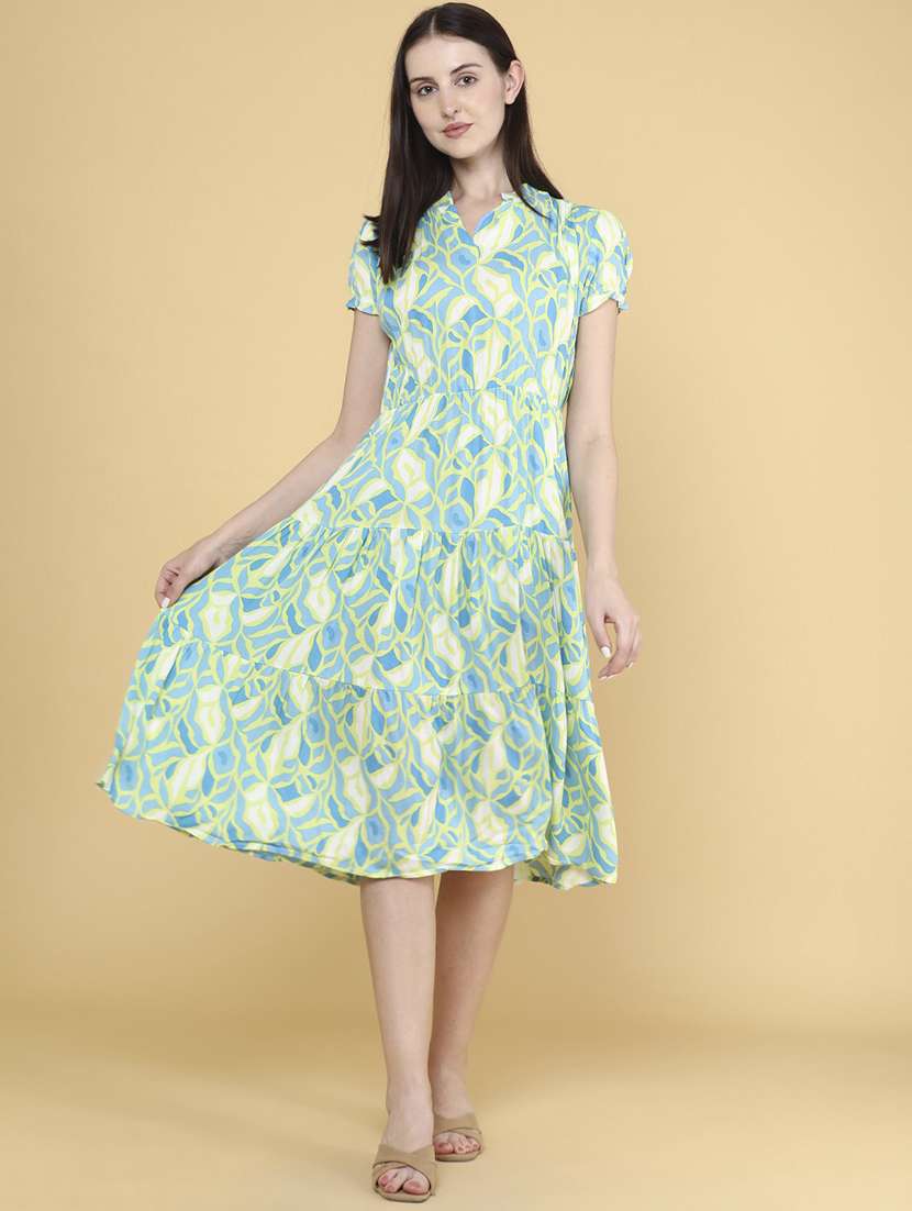 women printed collared tiered dress
