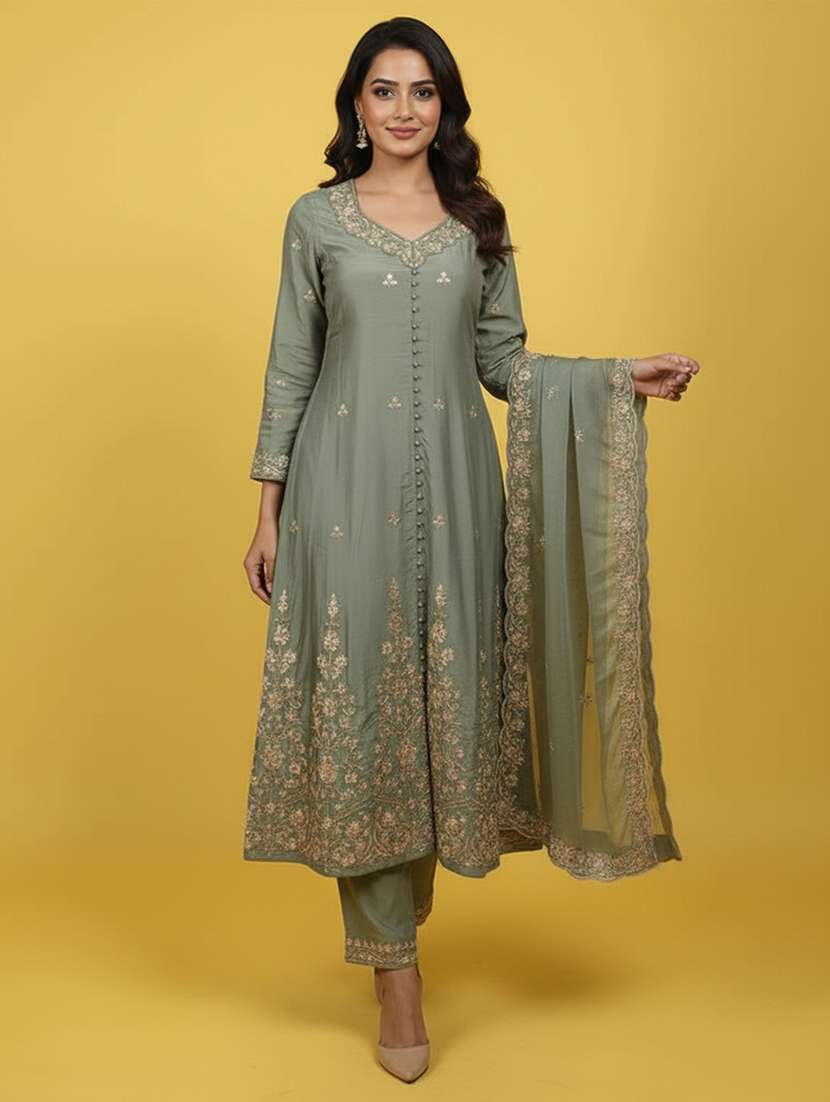 women solid with work three quarter sleeve kurta pant with dupatta set - 22258860 -  Standard Image - 1