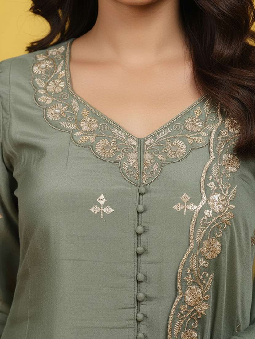 women solid with work three quarter sleeve kurta pant with dupatta set - 22258860 -  Standard Image - 4