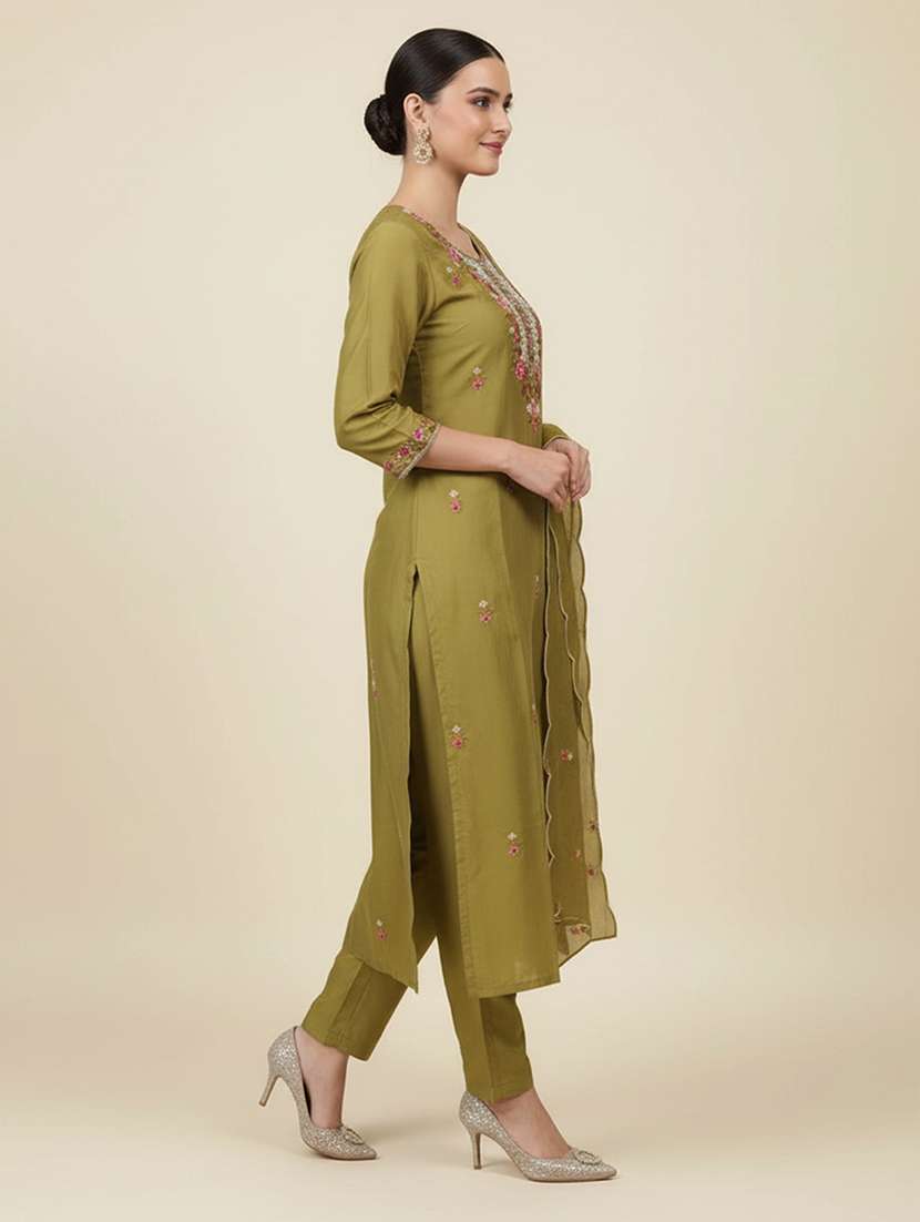 women solid with work three quarter sleeve kurta pant with dupatta set - 22258866 -  Standard Image - 1
