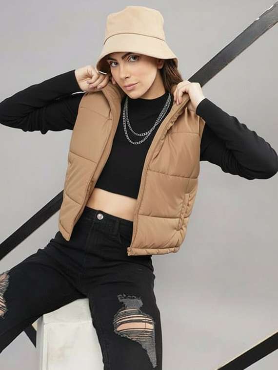 women solid sleeveless cropped puffer jacket - 22258883 -  Standard Image - 1