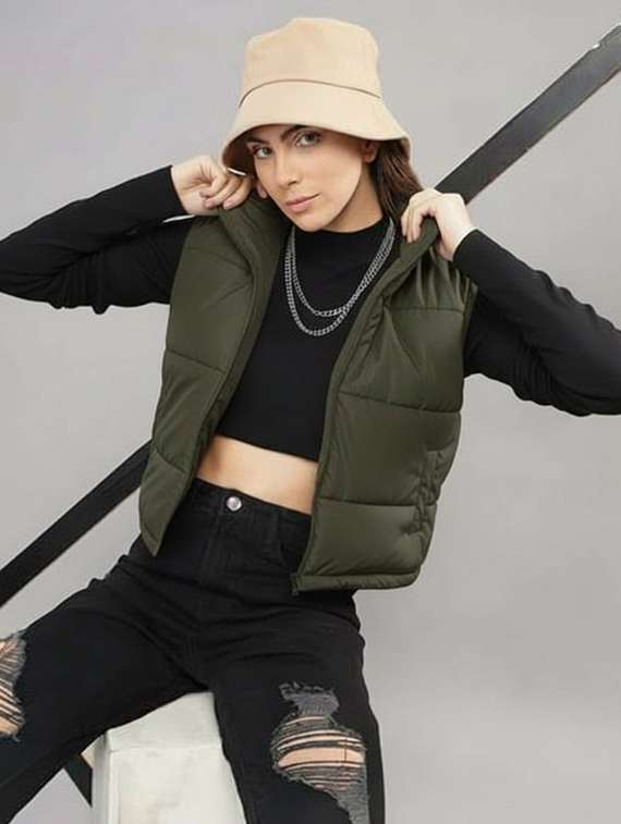 women solid sleeveless cropped puffer jacket - 22258885 -  Standard Image - 1
