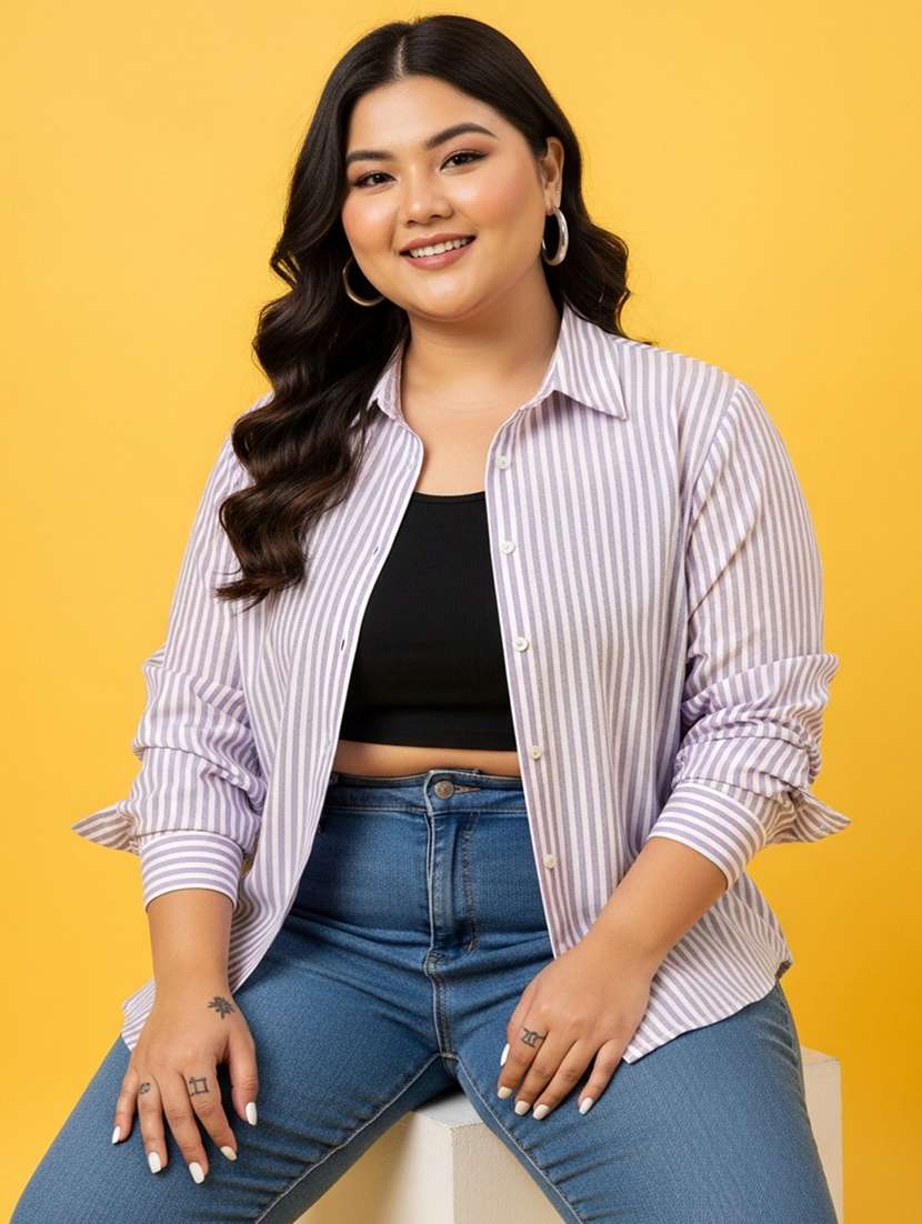 women plus size striped long sleeve collared shirt