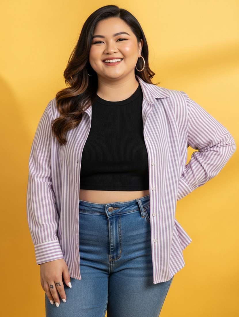 women plus size striped long sleeve collared shirt - 22258887 -  Standard Image - 1