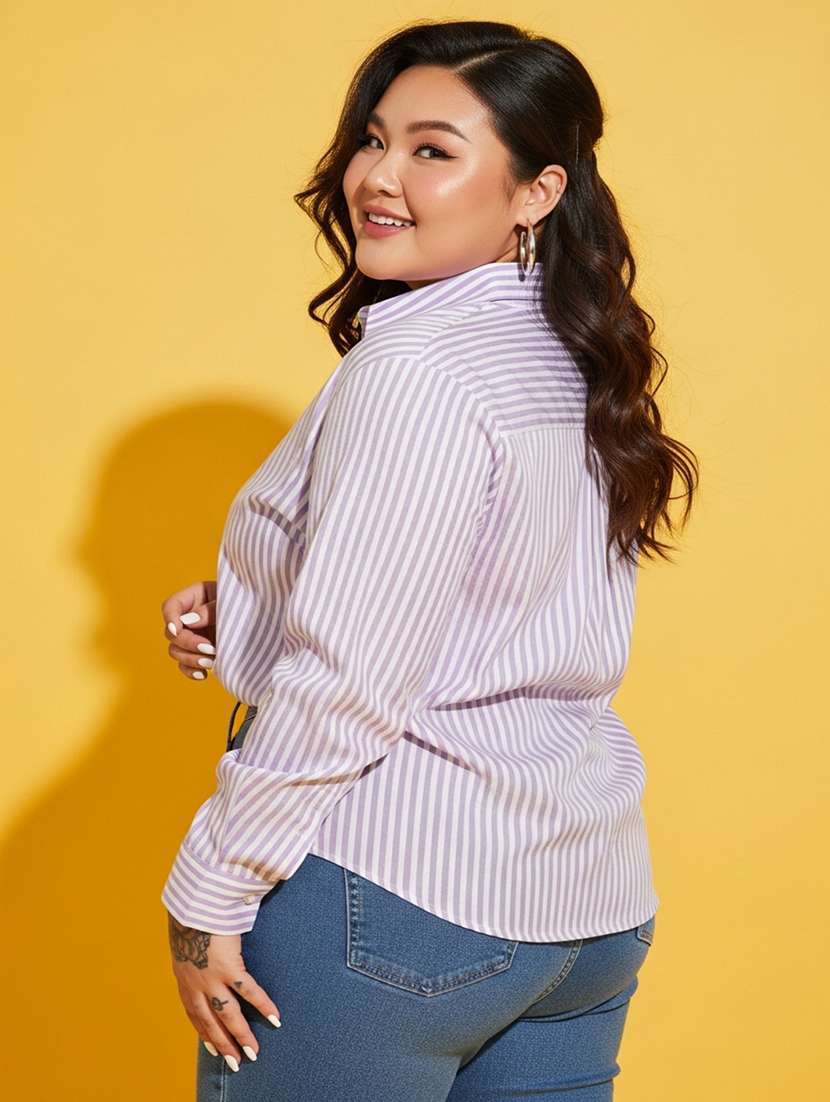 women plus size striped long sleeve collared shirt - 22258887 -  Standard Image - 4