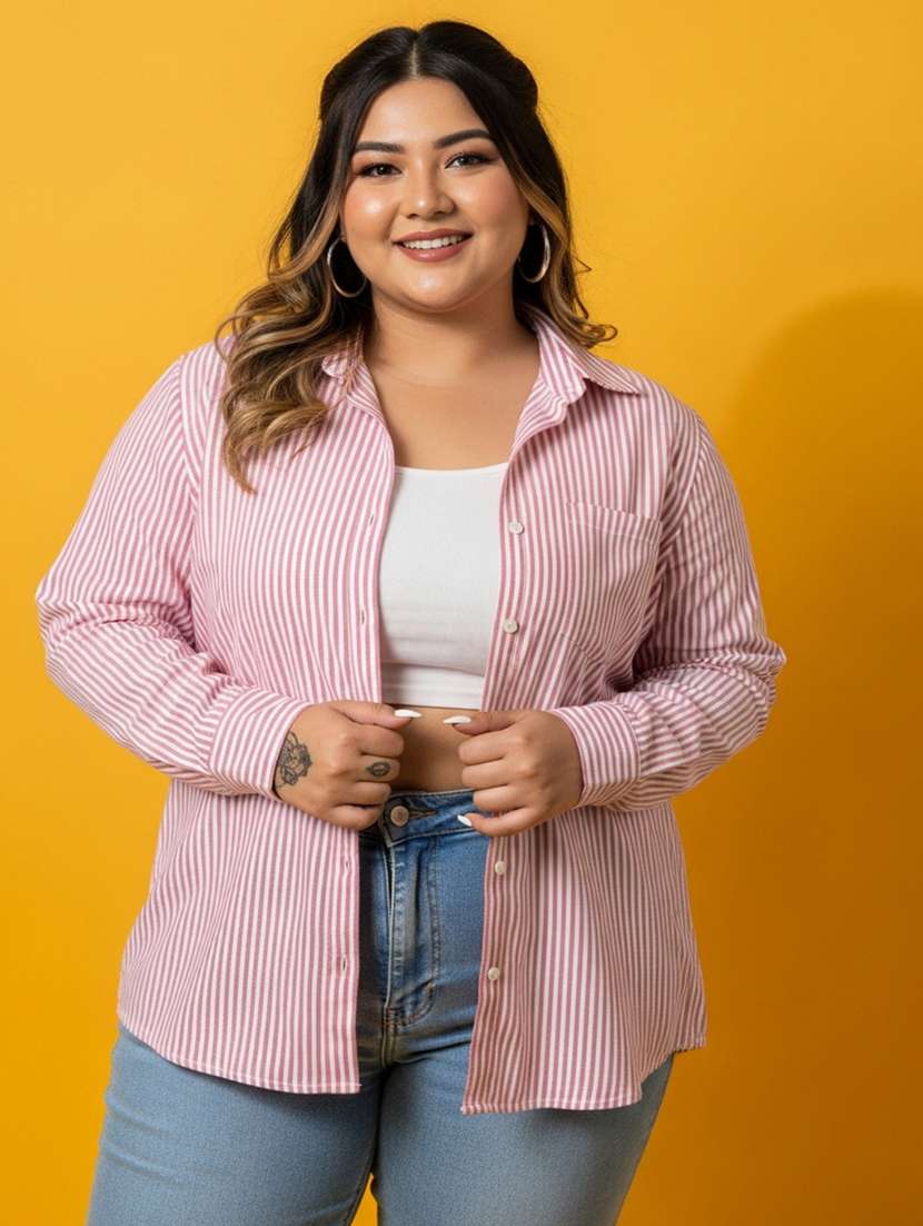 women plus size striped long sleeve collared shirt - 22258889 -  Standard Image - 1