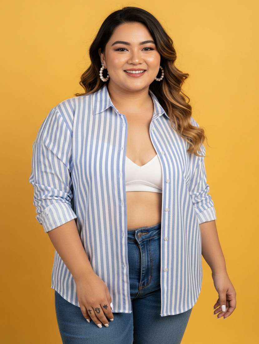 women plus size striped long sleeve collared shirt - 22258890 -  Standard Image - 1