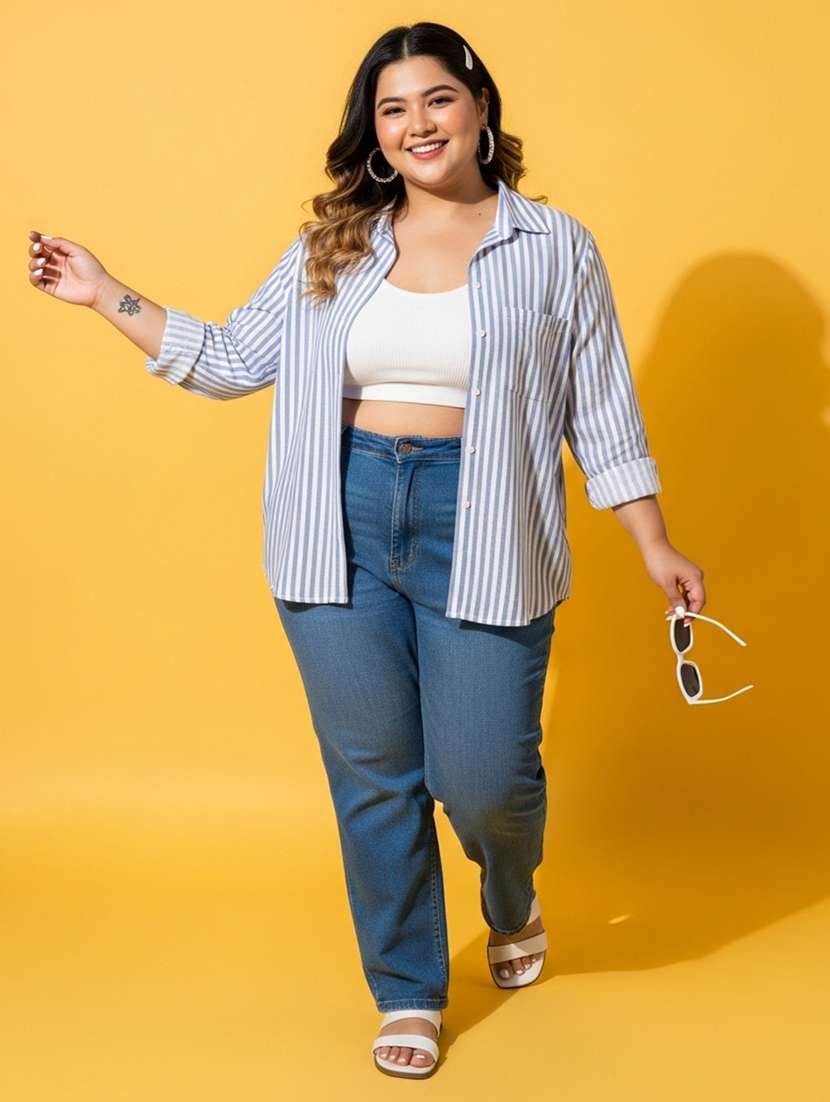 women plus size striped long sleeve collared shirt - 22258890 -  Standard Image - 4