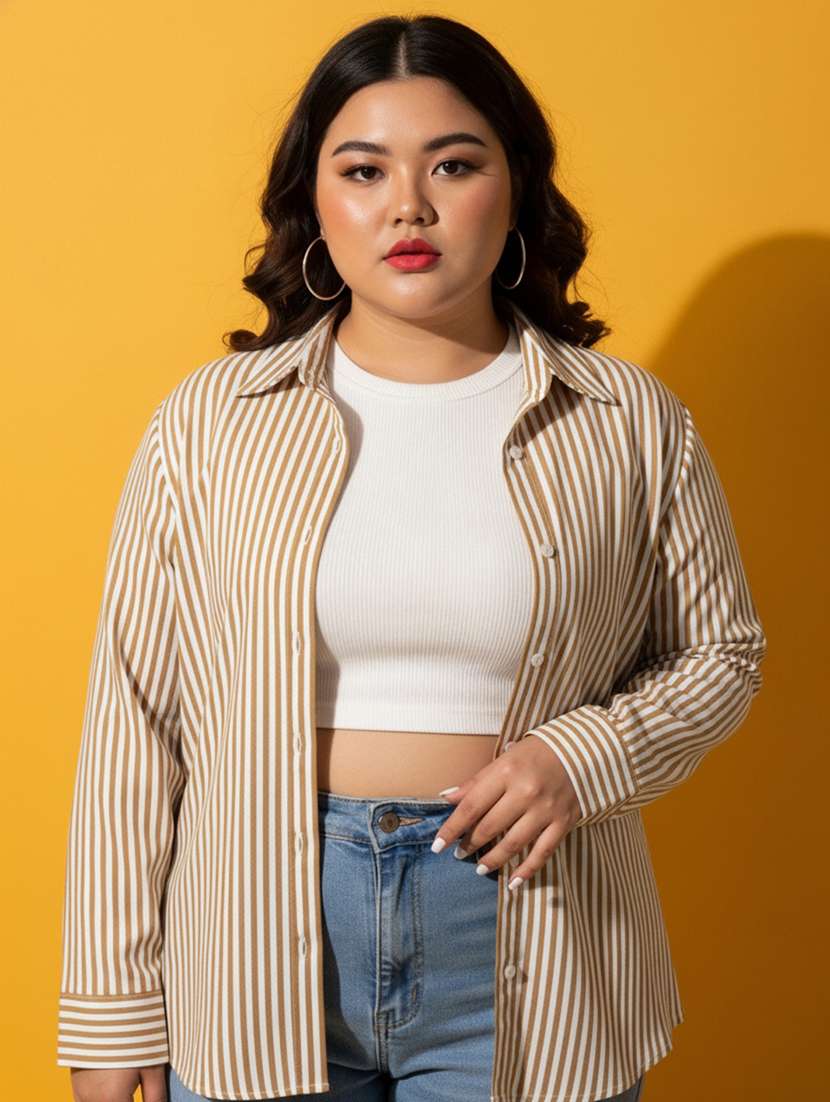 women plus size striped long sleeve collared shirt - 22258892 -  Standard Image - 1