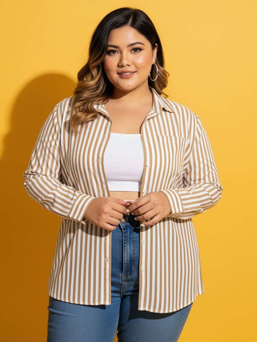 women plus size striped long sleeve collared shirt - 22258892 -  Standard Image - 6