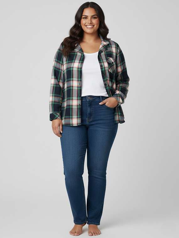 women plus size checkered collared long sleeve shirt